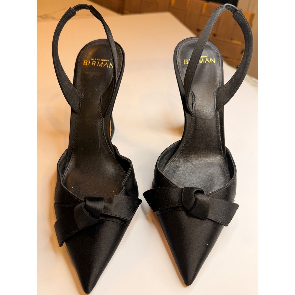 Alexandre Birman Black Satin Bow Pointed Toe Slingback Flared Heel Pumps 37